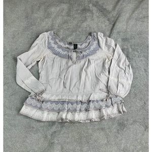 Lithe Anthropologie Embroidered Top Blouse Long Sleeve Keyhole Boho Size 6 Gray